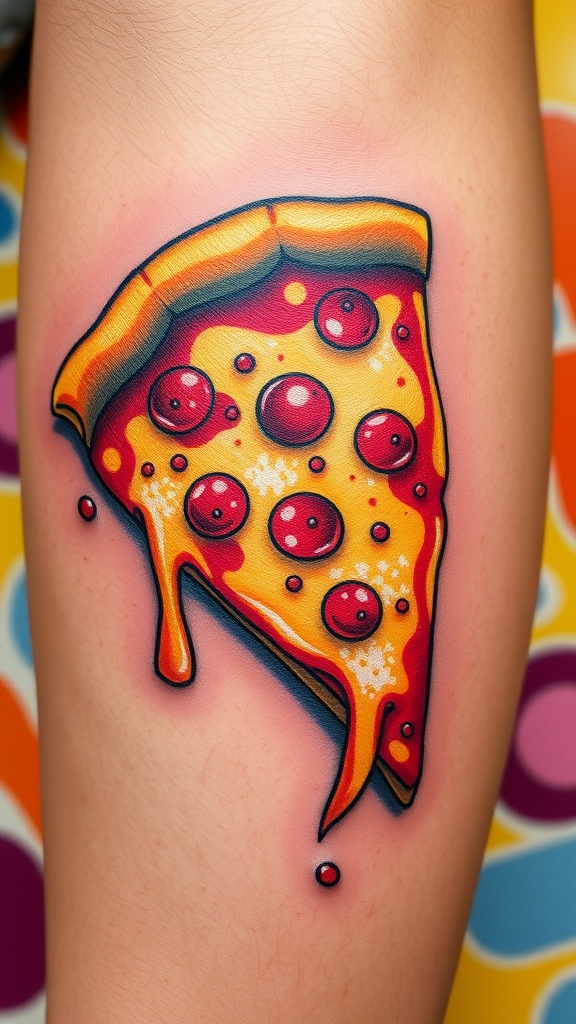 3D tattoo of a pizza slice with vibrant colors and realistic details on a person